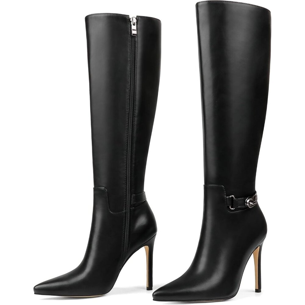 Women's Knee High Pointed Toe Stiletto Buckle Slouch Zipper Heeled Boot Black